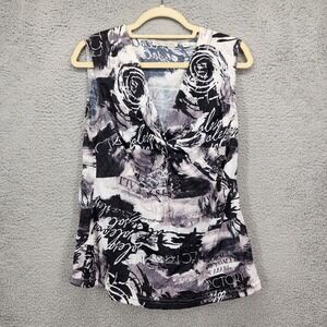 SnoSkins Womens Large Sleeveless Twist Front Abstract Graphic Top Black